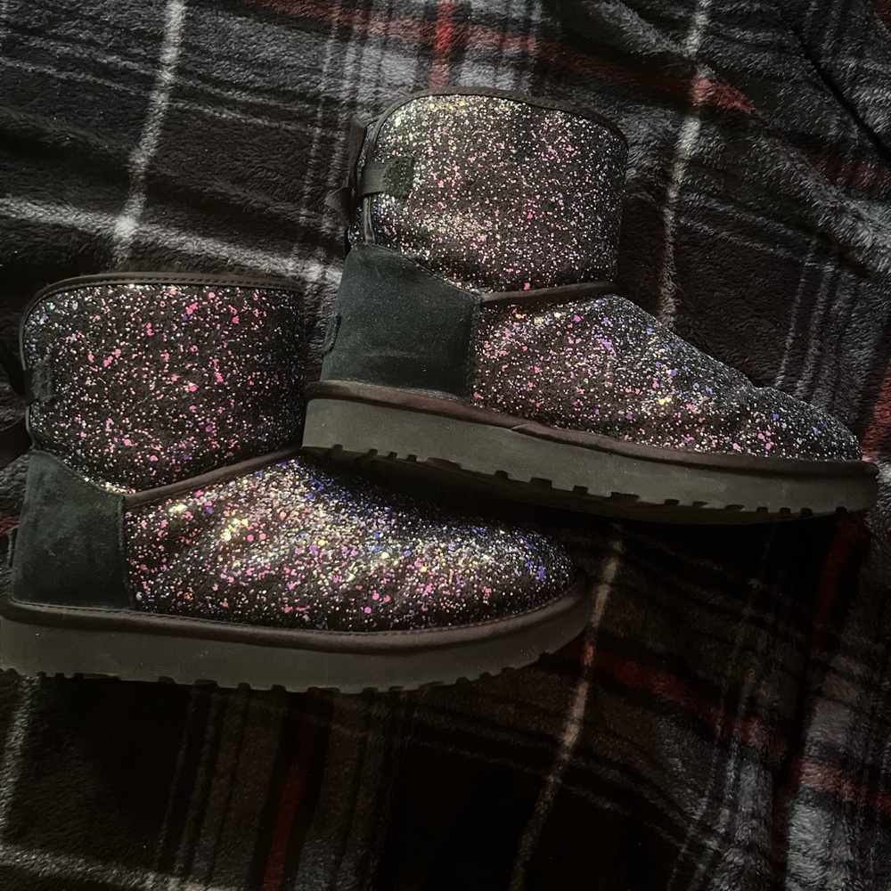 UGG Black and Pink Glitter Boots with Chunky Heel